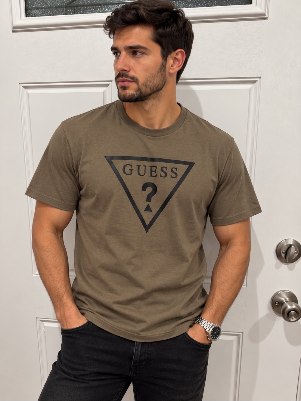 Guess Men's Olive Green Crewneck Logo Tee